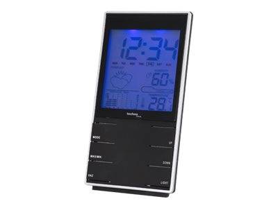 Digitale Wetterstation mit Uhr, die 12:34 anzeigt, Temperatur 28 und Luftfeuchtigkeit 60%, mit Wettersymbol auf einem schwarzen Tischgehäuse-Display.