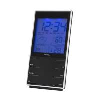 Schwarze digitale Wetterstation mit blaubeleuchteter Anzeige, die die Zeit 12:34, Luftfeuchtigkeit 60% und Temperatur 28° anzeigt.