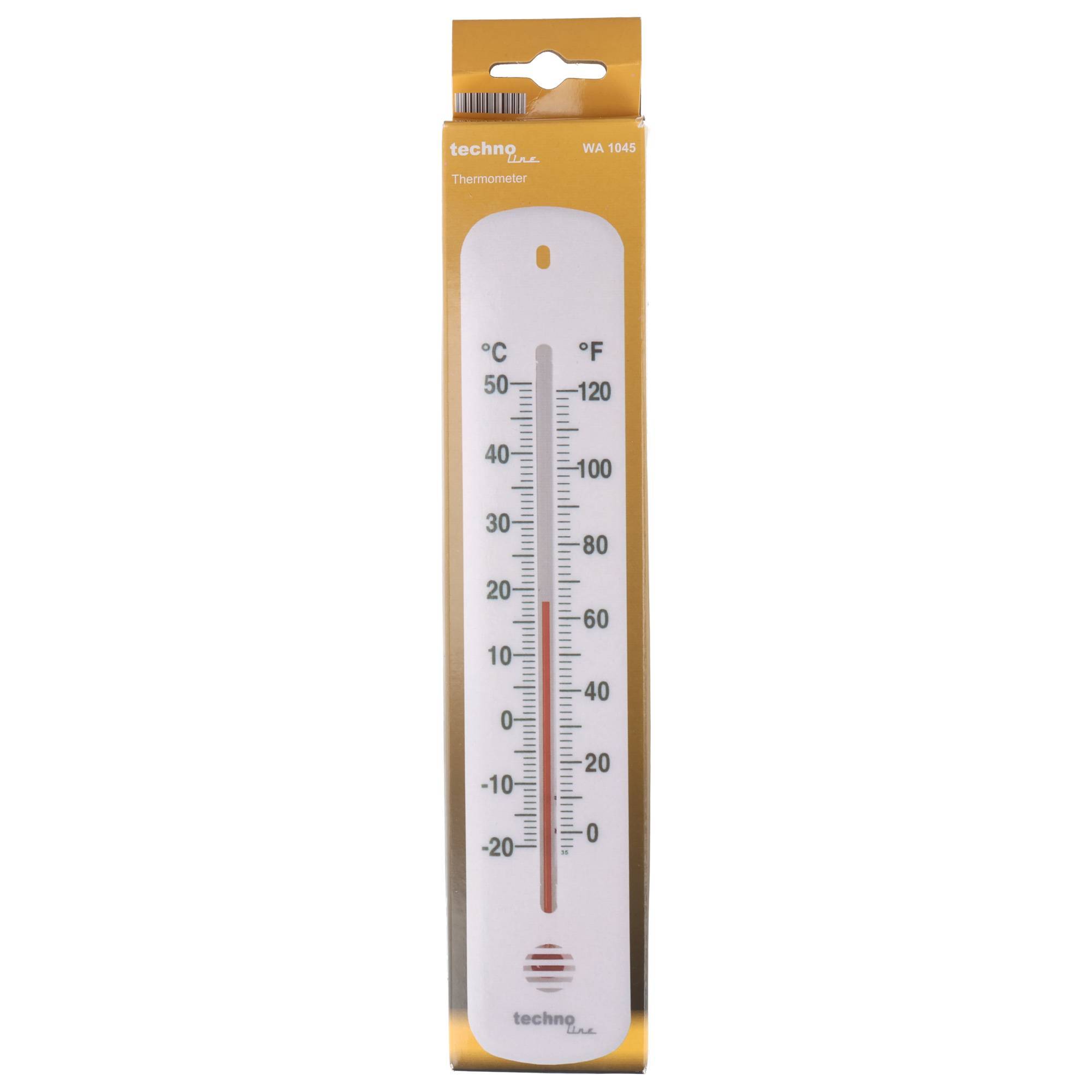 Verpacktes Analogthermometer mit Celsius- und Fahrenheit-Skalen, das die Temperaturanzeige bei etwa 22°C (72°F) anzeigt.