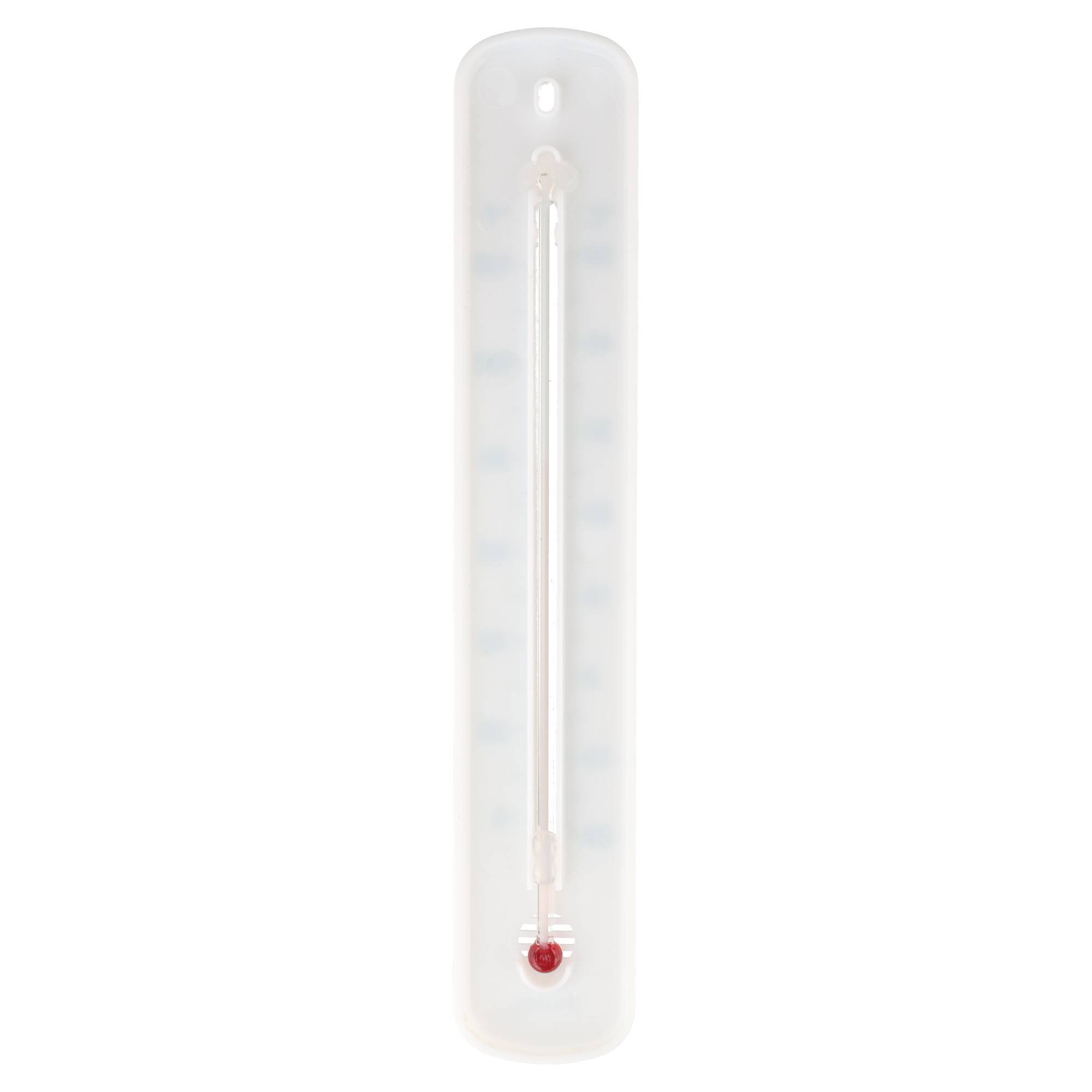 Ein weißes wandmontiertes Thermometer mit einem klaren vertikalen Rohr und einer roten Kugel am unteren Ende.