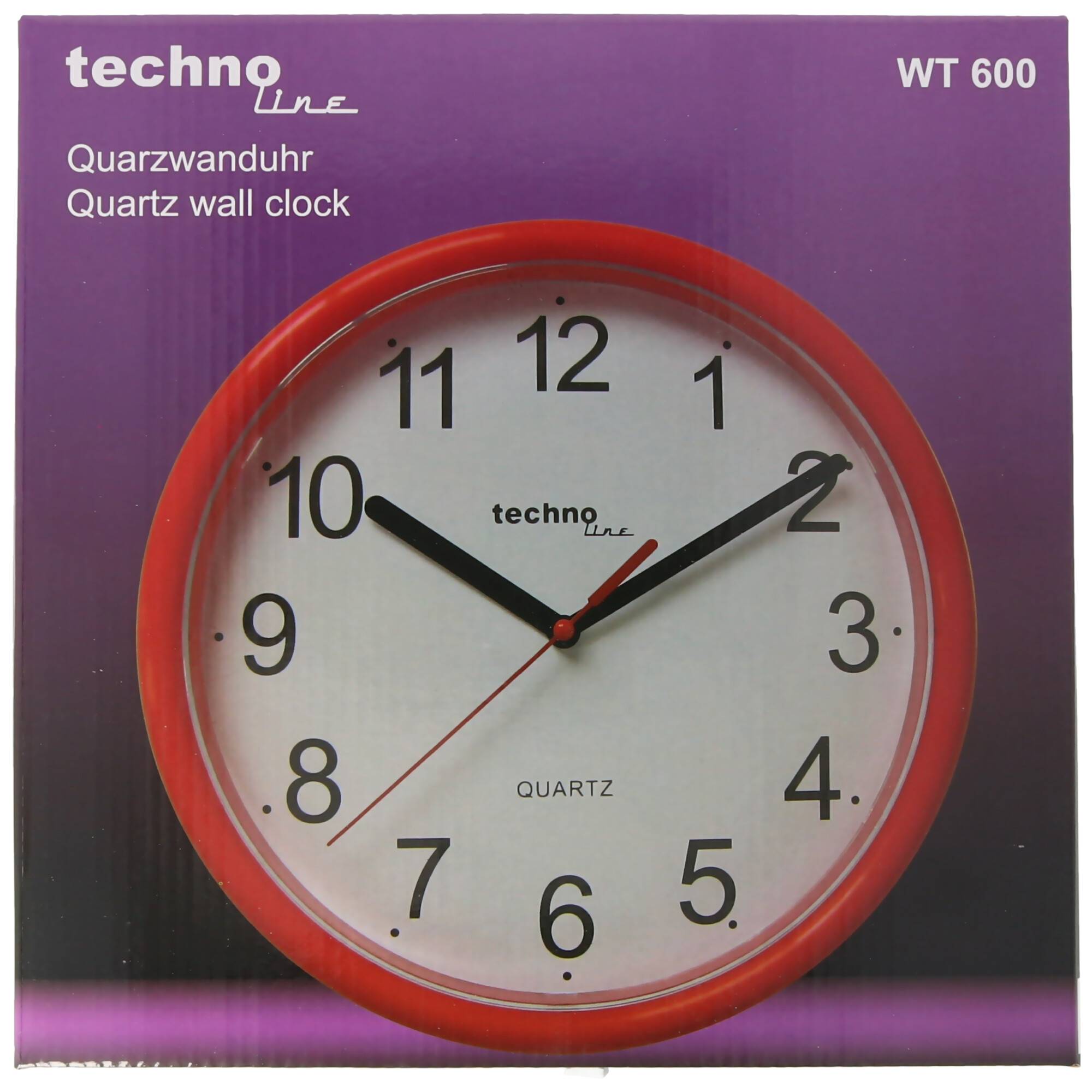 WT 600 - klassische, analoge Wanduhr mit Kuststoffrahmen in rot von Technoline