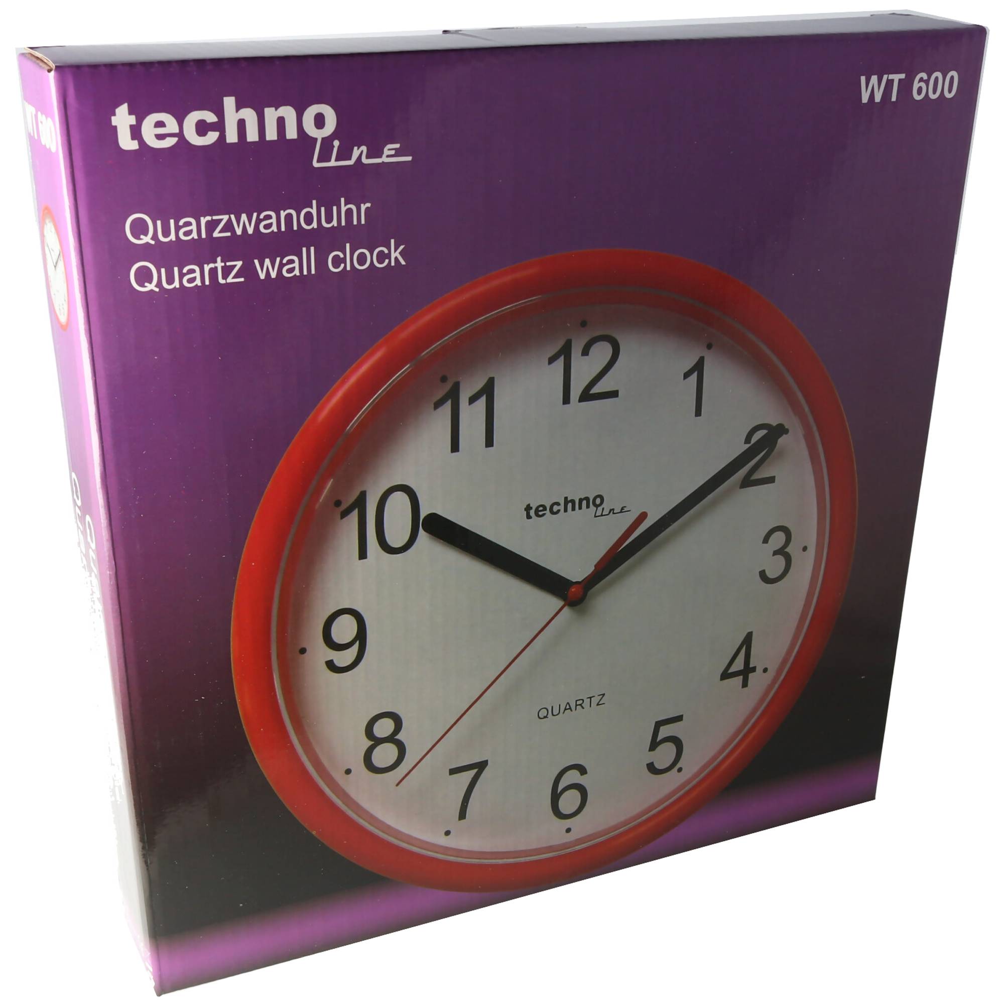 WT 600 - klassische, analoge Wanduhr mit Kuststoffrahmen in rot von Technoline