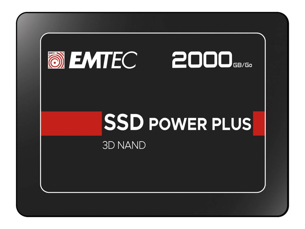 EMTEC SSD Power Plus 2000 GB tragbares Solid-State-Laufwerk mit schwarzem Gehäuse und roten Akzenten auf dem Etikett.