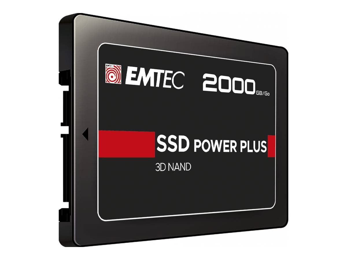 EMTEC 2000 GB SSD Power Plus 3D NAND Solid-State-Drive auf weißem Hintergrund abgebildet.