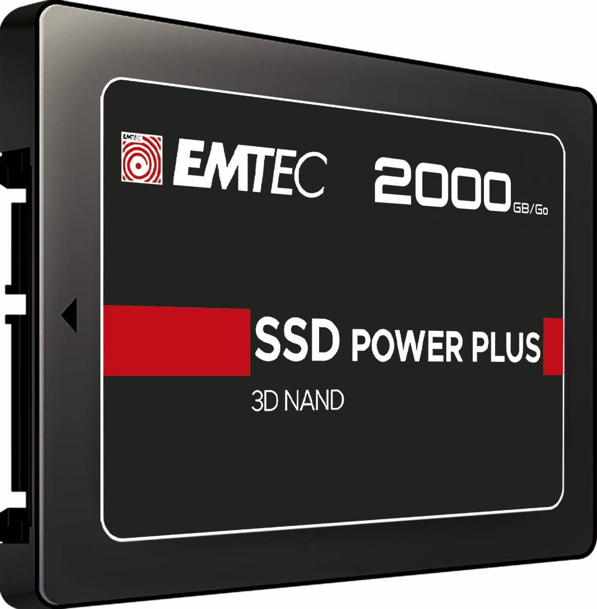 EMTEC 2000 GB SSD-Laufwerk mit der Bezeichnung „SSD POWER PLUS" und „3D NAND"" auf einem schwarzen Produktetikett.