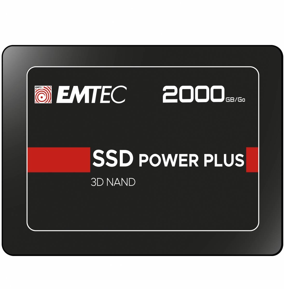 EMTEC SSD Power Plus 2TB 3D NAND Solid-State Drive Etikett auf einem schwarzen Laufwerksgehäuse.