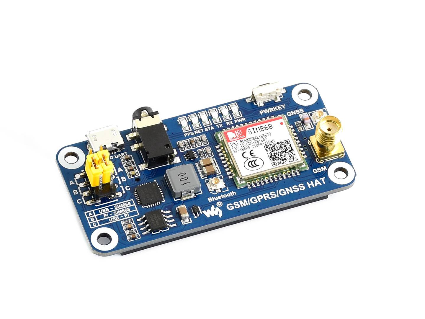 Waveshare Wireless GSM GPRS GNSS Bluetooth HAT for Raspberry Pi Based on SIM868