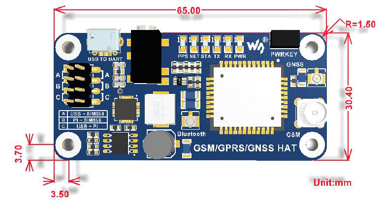 Waveshare Wireless GSM GPRS GNSS Bluetooth HAT for Raspberry Pi Based on SIM868