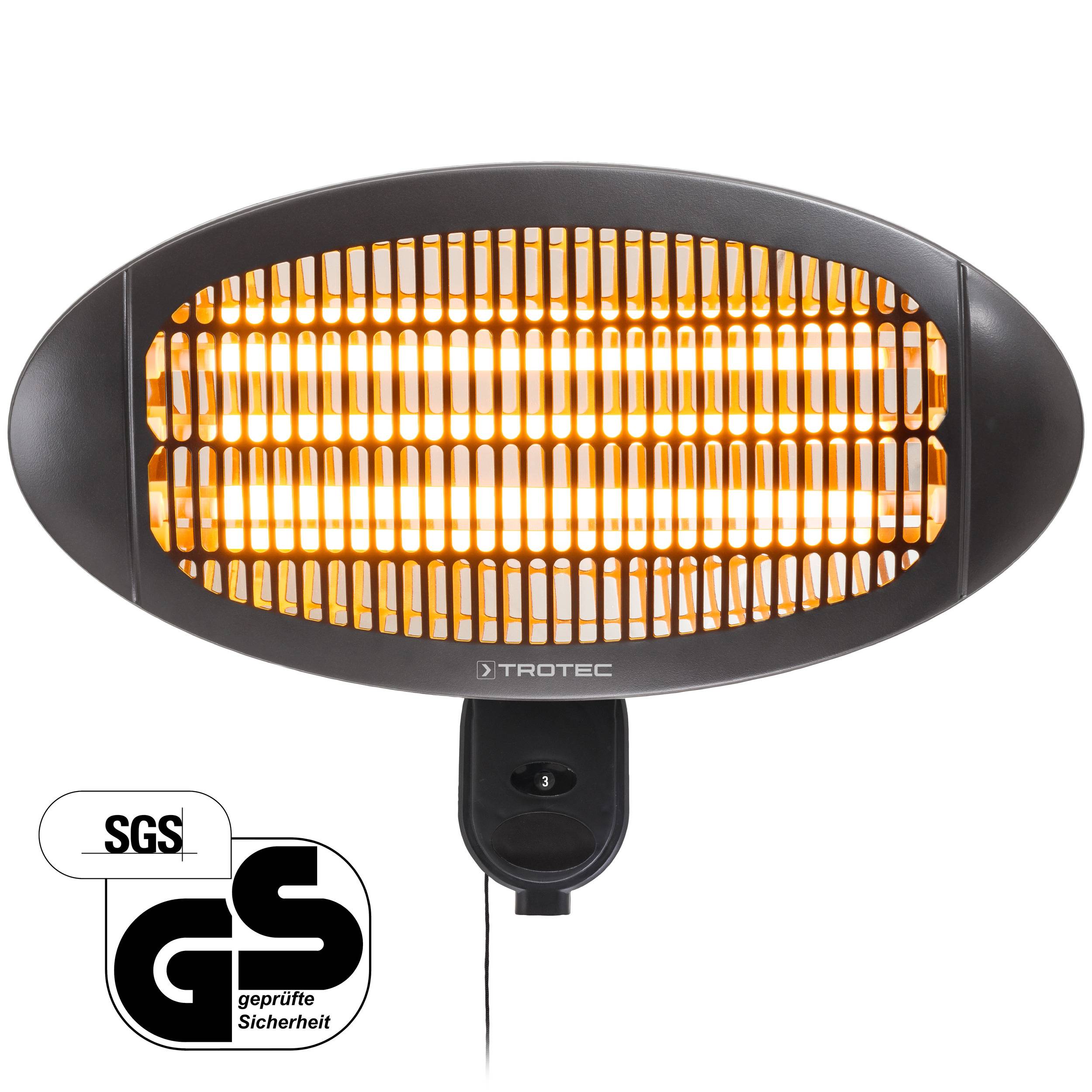 TROTEC Terassenheizstrahler Infrarot IR 2000 S – Heizleistung 650 W / 1300 W / 2000 W – Standgerät, Wandmontage, inkl. Fernbedienung