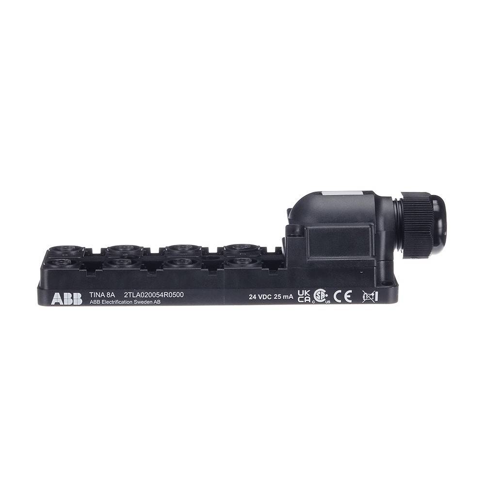 ABB Tina 8A-Modul, 24 VDC 25 mA, verwendet in elektrischen Installationen. Schwarz mit mehreren Anschlusspunkten, ein beschriftetes Identifikationsschild.