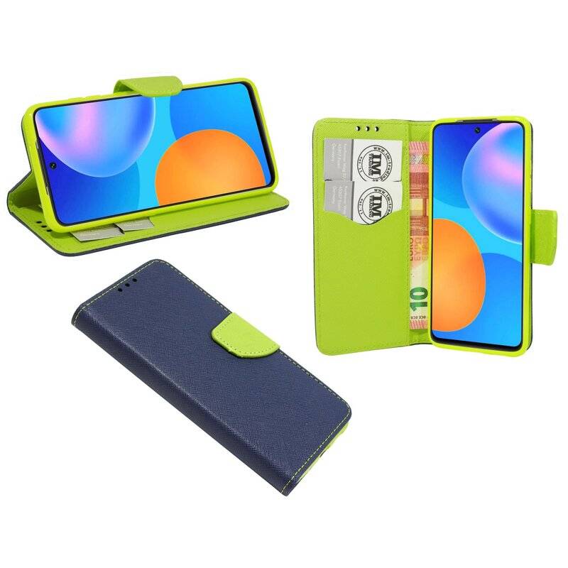 Buch Tasche "Fancy" für HUAWEI P SMART 2021 Handy Hülle Brieftasche Schutzhülle mit Standfunktion, Kartenfach Blau-Grün