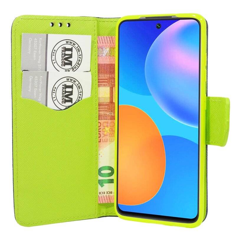 Buch Tasche "Fancy" für HUAWEI P SMART 2021 Handy Hülle Brieftasche Schutzhülle mit Standfunktion, Kartenfach Blau-Grün
