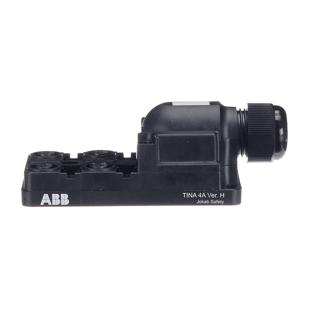 Ein schwarzes ABB TINA 4A Sicherheitsgerät mit kompaktem Design und Anschluss.