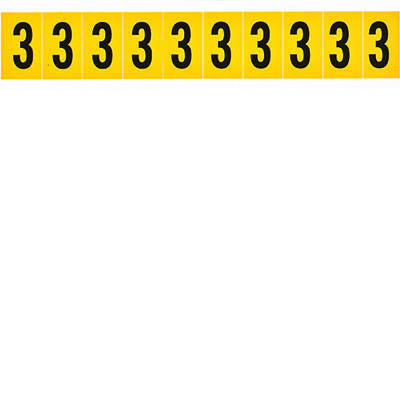Brady, 1530-3, B-946, Vinyl, Zahl 3, Schwarz auf Gelb, 22 x 38mm, Schrifthöhe 25mm(25 K. á 10 E.)
