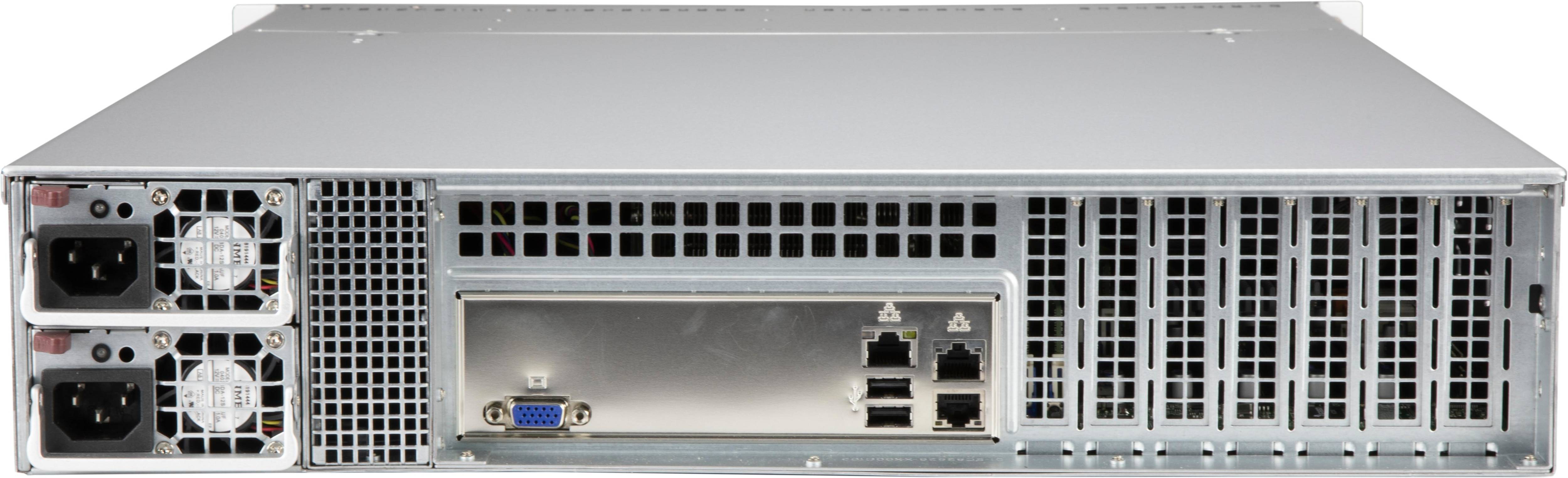 Rückansicht eines silbernen, in einem Rack montierbaren Server-Gehäuses mit dualen Stromversorgungen, Lüftungsgittern, einem VGA-Anschluss und mehreren Ethernet-Anschlüssen.