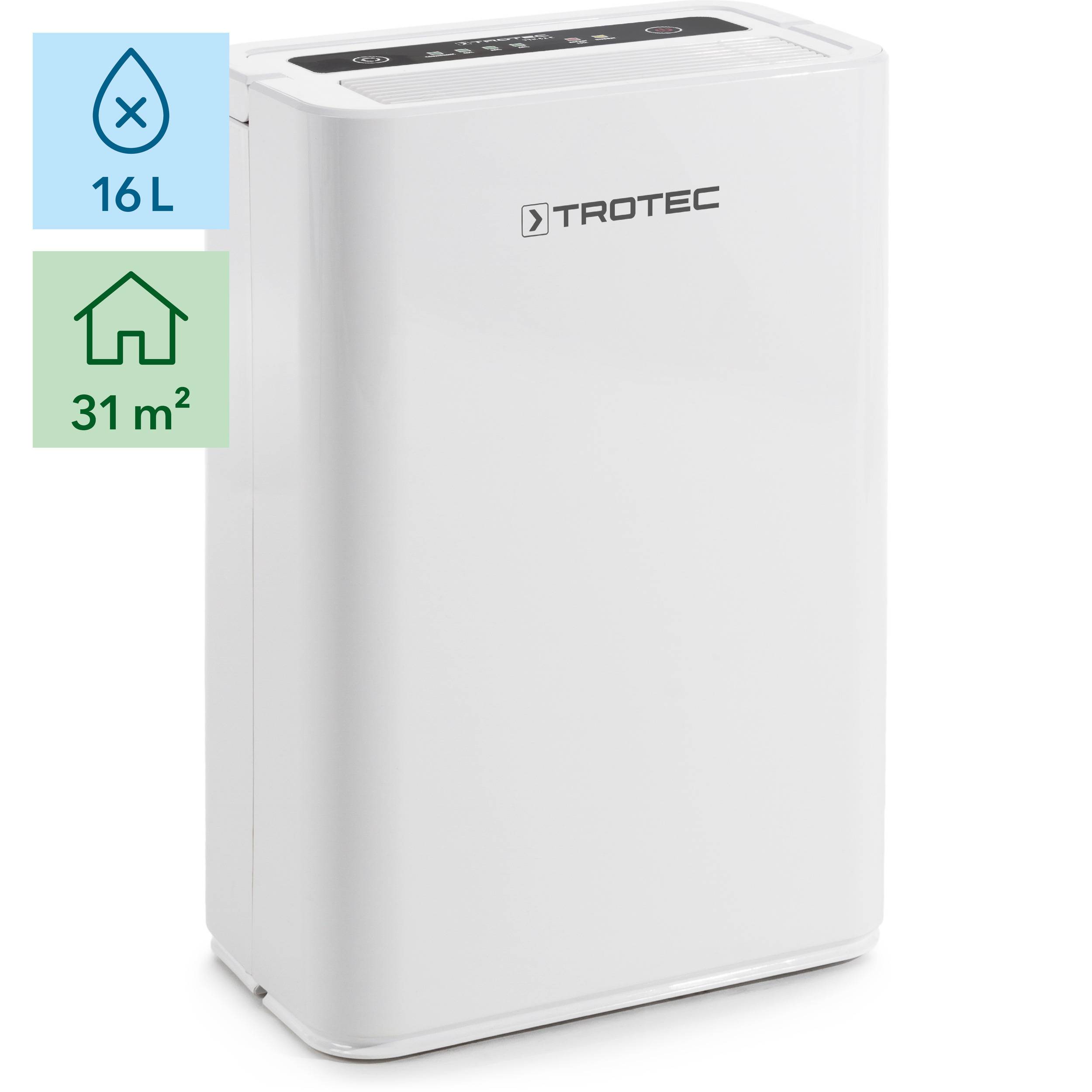 TROTEC Luftentfeuchter elektrisch TTK 52 E – Leistung 16 L/Tag – Fläche 31 m² / 78 m³ – mit Autoabschaltung – für Wohnung und Schlafzimmer