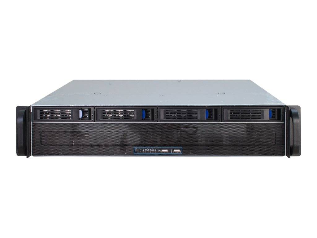 Vorderansicht eines Rack-Mount-Servers oder einer Speicheranlage mit mehreren vorderen Laufwerkschächten und Belüftungsschlitzen auf weißem Hintergrund.