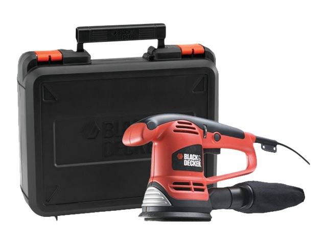 Ein roter und schwarzer handgehaltener Black & Decker Schleifer vor einem schwarzen Transportkoffer mit Griff, zum Glätten von Oberflächen.