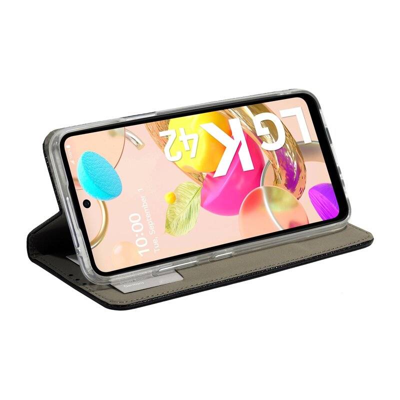 cofi1453® Buch Tasche "Smart" für LG K52 Handy Hülle Etui Brieftasche Schutzhülle mit Standfunktion, Kartenfach Schwarz