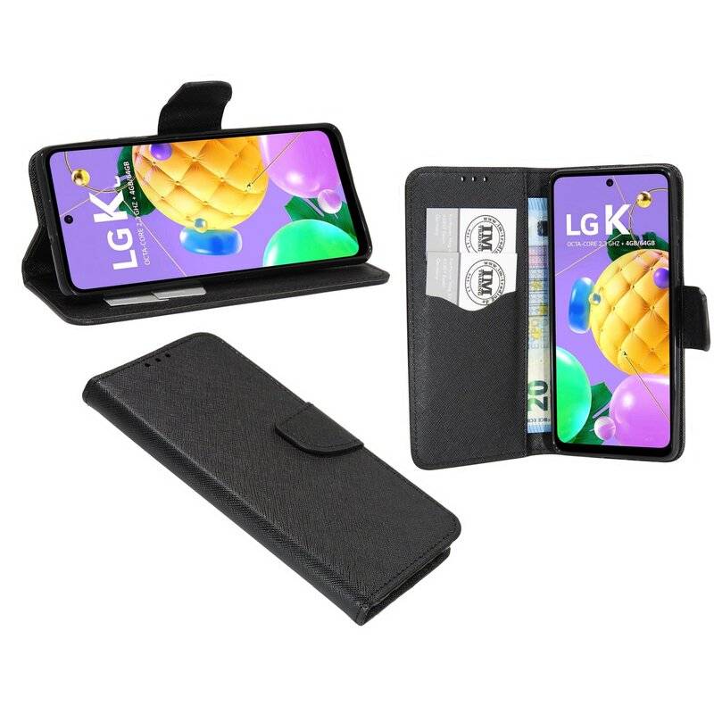 cofi1453® Buch Tasche "Fancy" für LG K42 Handy Hülle Etui Brieftasche Schutzhülle mit Standfunktion, Kartenfach Schwarz