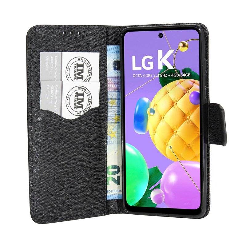 cofi1453® Buch Tasche "Fancy" für LG K42 Handy Hülle Etui Brieftasche Schutzhülle mit Standfunktion, Kartenfach Schwarz
