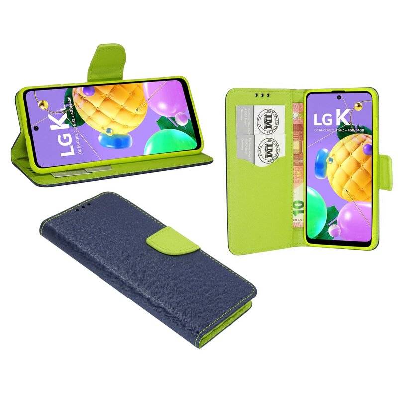 Buch Tasche "Fancy" für LG K62 Handy Hülle Etui Brieftasche Schutzhülle mit Standfunktion, Kartenfach Blau-Grün