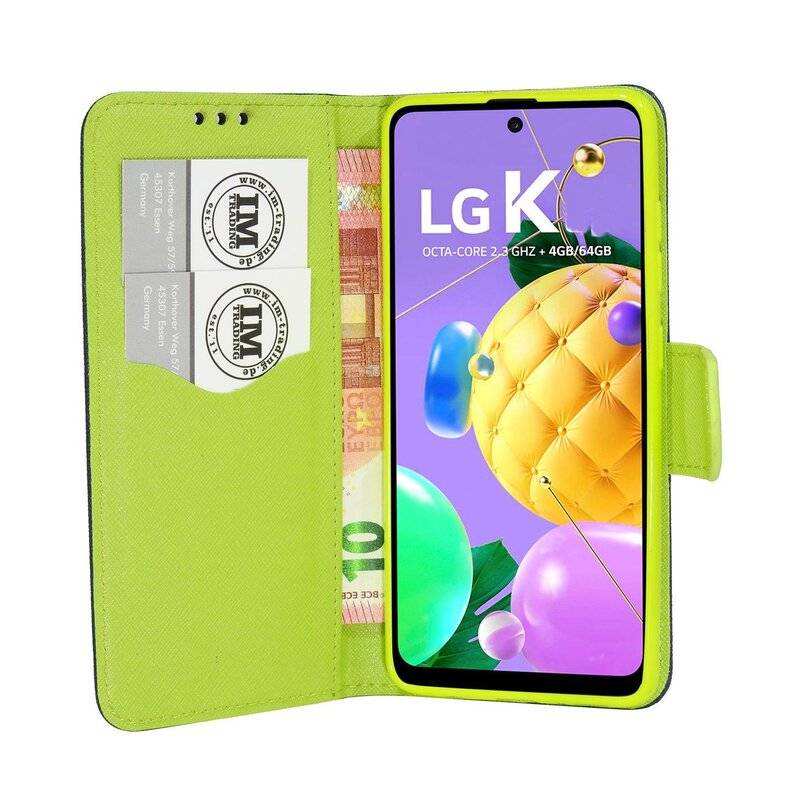 Buch Tasche "Fancy" für LG K62 Handy Hülle Etui Brieftasche Schutzhülle mit Standfunktion, Kartenfach Blau-Grün