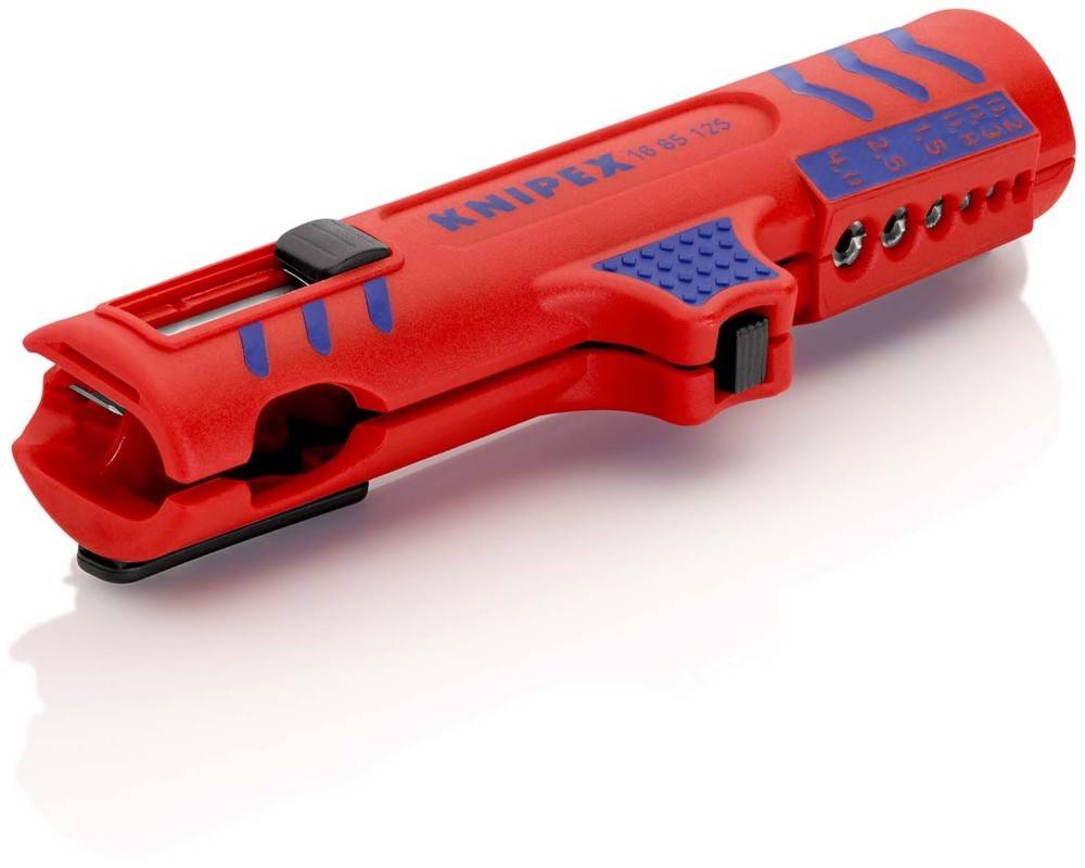 Rotes KNIPEX-Abisolierwerk zeug mit blauen Griffakzenten, gezeigt auf weißem Hintergrund.