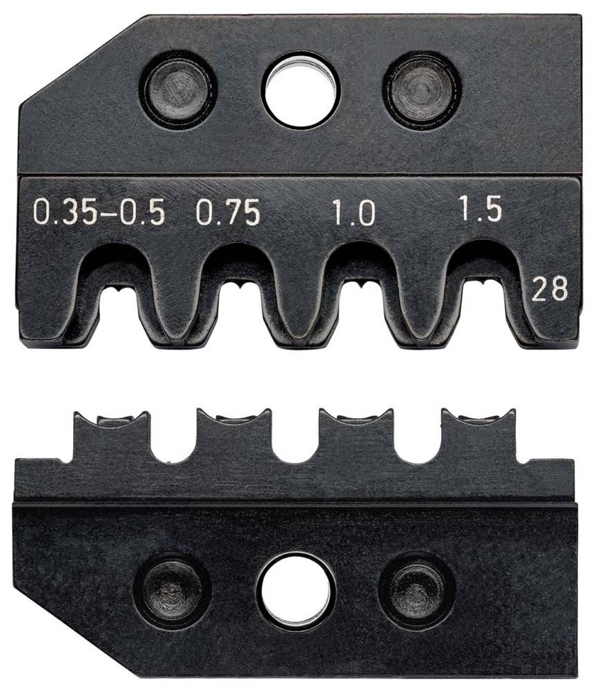 Zwei schwarze Crimpstempel-Einsätze mit unterschiedlichen Markierungen für Drahtgrößen, einschließlich 0,35-0,5, 0,75, 1,0, 1,5 und 28.