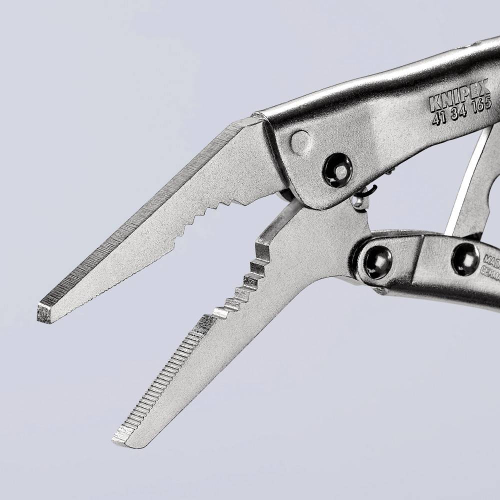 Metallische Crimpzange mit Doppelklingen, in offener Position, beschriftet mit 'KNIPEX 41 34 165', verwendet zum Schneiden oder Abisolieren von Drähten.