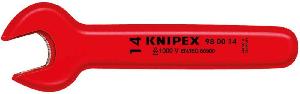 KNIPEX-Werkzeuggriff mit rotem Gummiüberzug und '1000 V EN/IEC' zur Anzeige der elektrischen Sicherheitskonformität.