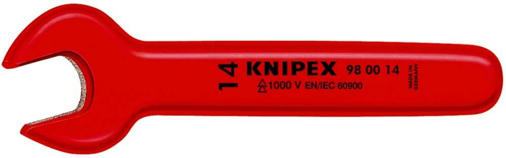 Rotgriffiges Werkzeug mit dem Etikett 'KNIPEX' und '1000 V EN/IEC', das eine Isolierung für elektrische Sicherheit bis zu 1000 Volt anzeigt.