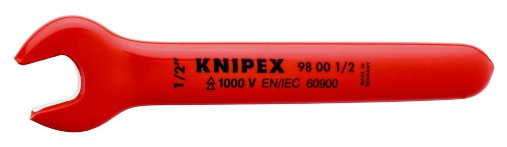 Ein roter isolierter Werkzeuggriff mit der Aufschrift 'Knipex 98 00 10', zertifiziert für '1000V' gemäß 'EN/IEC 60900', der elektrische Sicherheit anzeigt.
