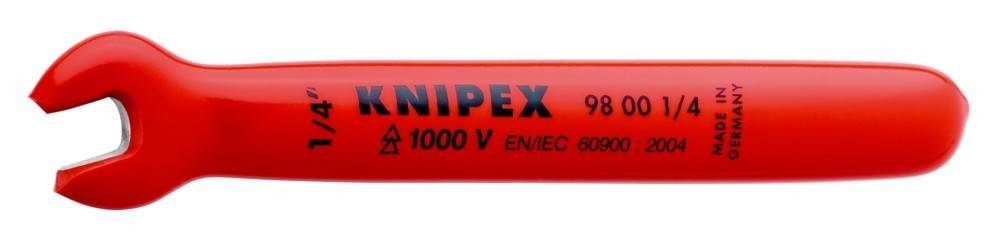 KNIPEX'-Beschriftung auf einem roten isolierten Werkzeug, geprüft für 1000 V gemäß EN/IEC 60900-Norm, zur Anzeige der elektrischen Sicherheitskonformität.
