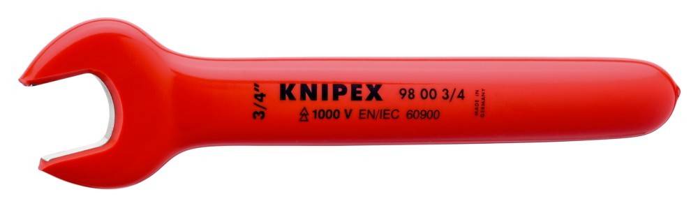 Roter Knipex Isoliergriff mit der Bezeichnung '98 00 3/4', für 1000V ausgelegt, konform mit EN/IEC 60900 Normen.