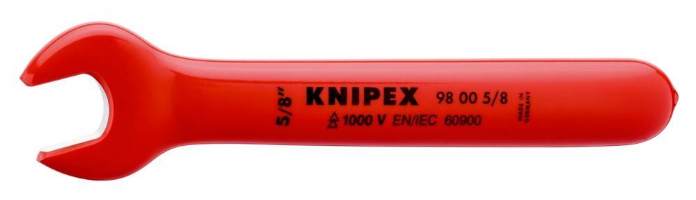 Ein rotgriffiges Werkzeug, gekennzeichnet mit 'KNIPEX 5/8'' 1000 V EN/IEC', was darauf hinweist, dass es sich um ein mit 1000 V isoliertes Werkzeug für elektrische Sicherheit handelt.