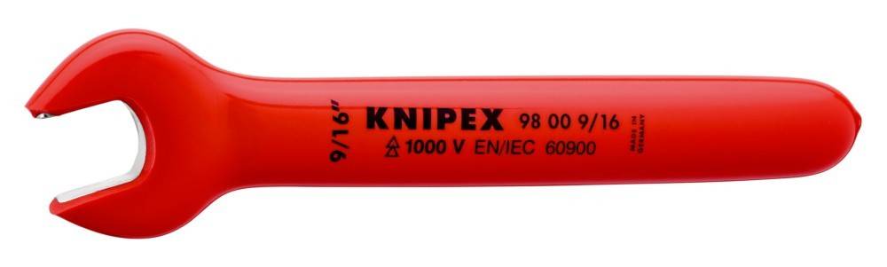 Roter isolierter Werkzeuggriff mit der Aufschrift 'KNIPEX 98 00' und '1000 V EN/IEC 60900', der den Spannungsschutzstandard kennzeichnet.