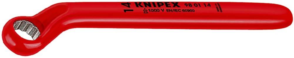 Rotes Handwerkzeug mit 'KNIPEX'-Logo, für 1000V-Anwendungen isoliert, mit Sicherheitssymbol und Spezifikationen für elektrische Arbeiten.