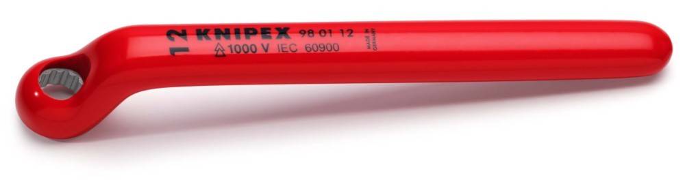 Rote isolierte KNIPEX-Handwerkzeug mit langem Griff und rundem Metallende, gezeigt auf weißem Hintergrund.