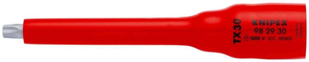 Knipex TX30 Schraubendreher mit rotem Griff auf weißem Hintergrund, mit silberner Spitze und Produktkennzeichnungen auf dem Griff.
