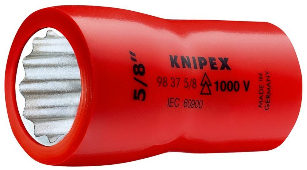 Nahaufnahme eines roten Knipex-Werkzeuggriffs mit Größenmarkierungen '5/8', Modell '98 37 5/8' und Zertifizierung 'IEC 60900'.