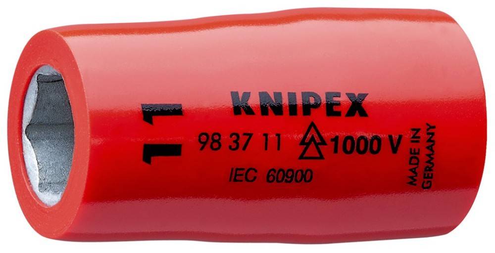 Roter isolierter Werkzeuggriff mit der Aufschrift 'Knipex 98 37 11 IEC 60900' für elektrische Sicherheit bis zu 1000 V.