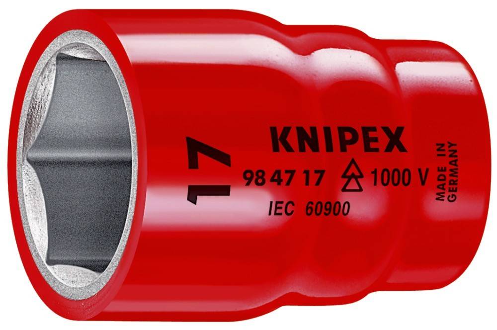 Nahaufnahme eines roten Knipex-Werkzeuggriffs, gekennzeichnet mit der Nummer '17', Symbolen und den Normen 'IEC 60900'.