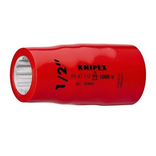 Roter isolierter KNIPEX 1/2-Zoll-Steckadapter mit 1000-V- und IEC-60900-Markierungen, auf weißem Hintergrund dargestellt.