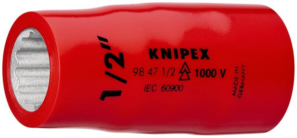 Roter Werkzeuggriff mit dem Aufdruck 'Knipex 98 47 1/2 1000V IEC 60900', der einen elektrisch isolierten Schutz bis zu 1000 Volt für elektrische Sicherheit anzeigt.