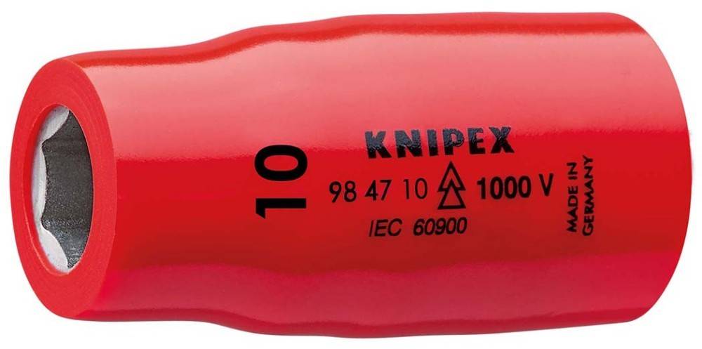 Roter isolierter KNIPEX-Steckeradapter 10 mm mit Markierung 1000 V und IEC 60900, hergestellt in Deutschland.