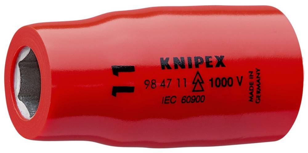 Roter isolierter Griff eines Werkzeugs mit dem Text: 'Knipex 98 47 11 IEC 60900 1000V' und einem Dreieck-Symbol, das die Einhaltung der elektrischen Sicherheitsvorschriften anzeigt.