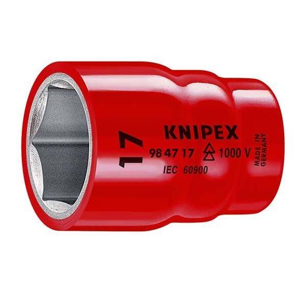 Rote isolierte KNIPEX Steckkappe 17 mm mit Kennzeichnung '1000V' und 'IEC 60900' für elektrotechnische Arbeiten.