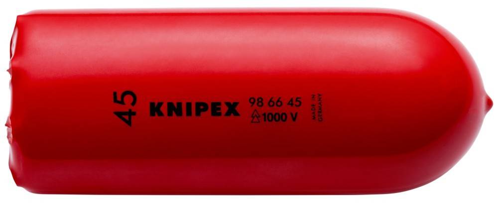 Roter Werkzeuggriff mit der Aufschrift 'KNIPEX 98 66 45 1000V' und 'Made in Germany', der eine elektrische Isolierung bis zu 1000 Volt anzeigt.