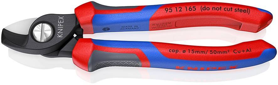 Großaufnahme von Knipex-Seitenschneidern mit roten und blauen Griffen, gekennzeichnet zum Schneiden von Cu+Al-Kabeln bis 15 mm oder 50 mm².